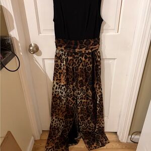 Beautiful black jumpsuit with leopard chiffon overlay BN size 4